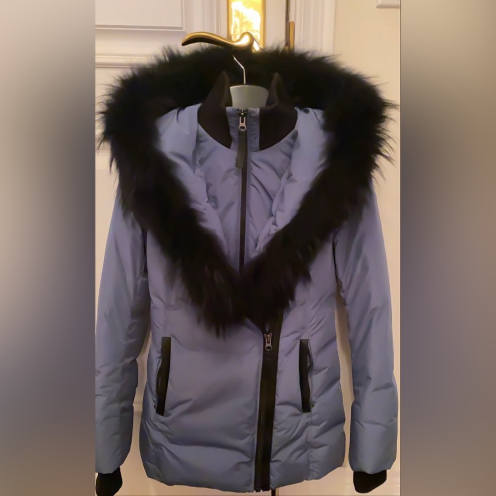 Mackage Adali Down Coat XS in Blue with Black Fox Fur Collar